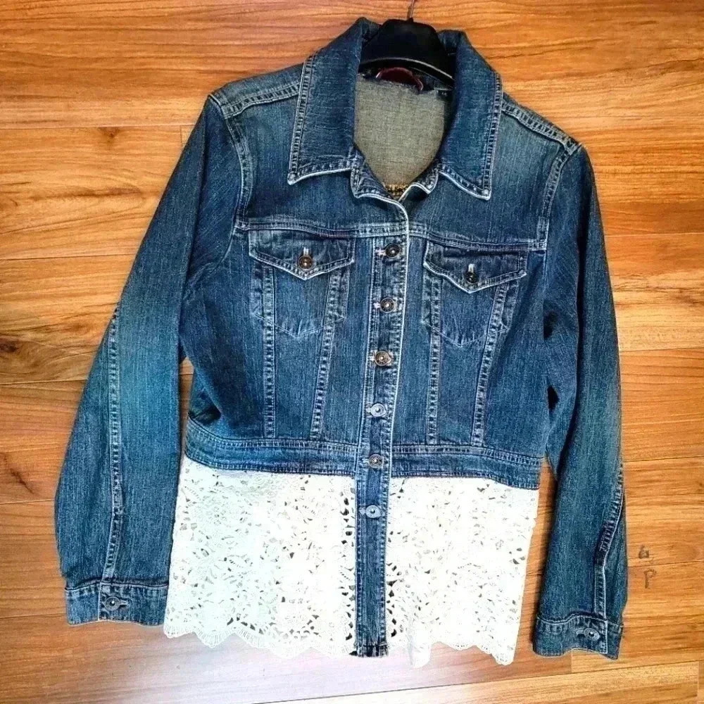 Denver Hayes Blue Jean Jacket with White Lace Trim